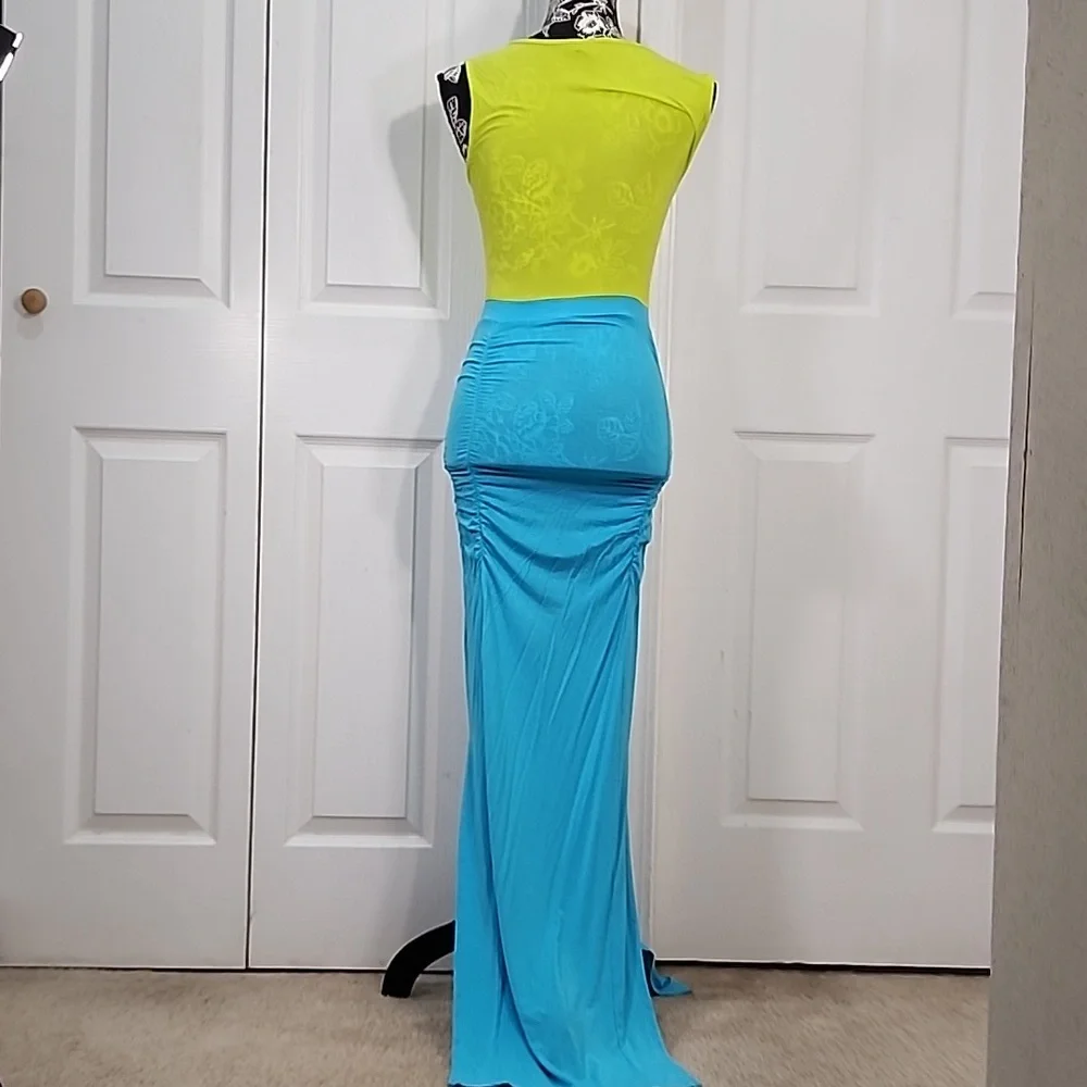 Bebe Neon Green And Teal Ruched Maxi Dress S - Picture 6 of 10